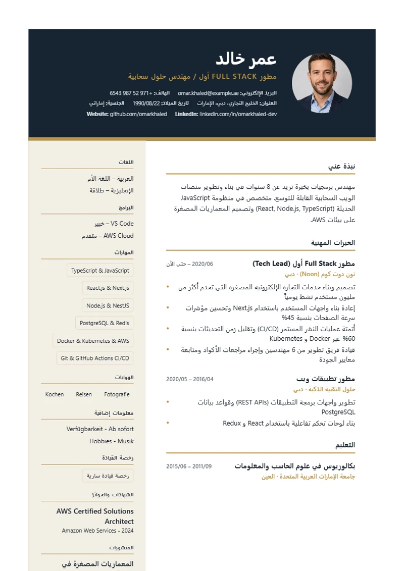 نموذج سيرة ذاتية Executive Dark، تصميم وفق معايير DIN 5008