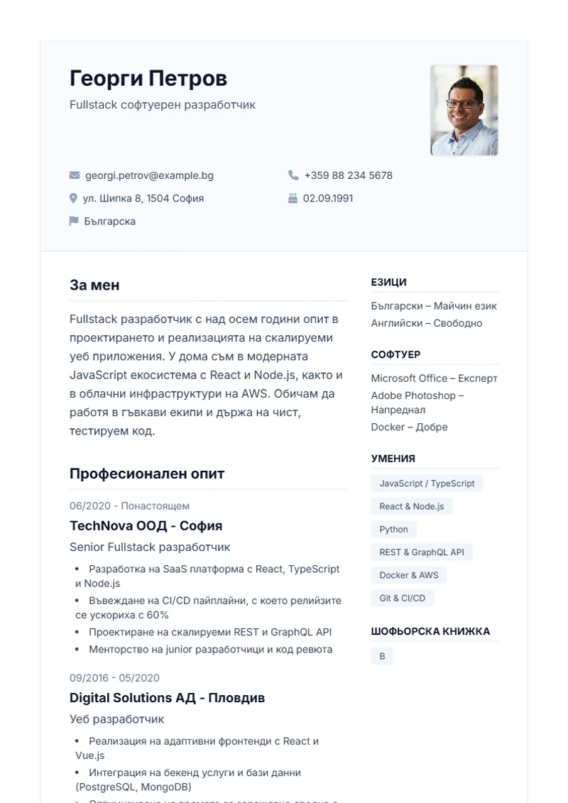 Шаблон за автобиография Professional – образец