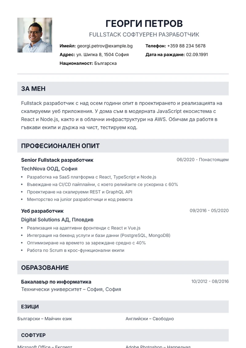 Шаблон за автобиография Professional – образец