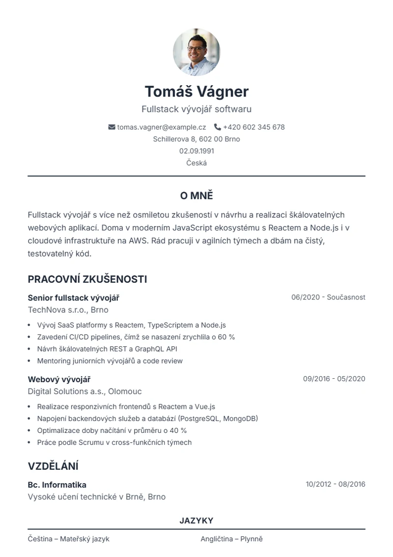 Šablona životopisu Classic – ukázka