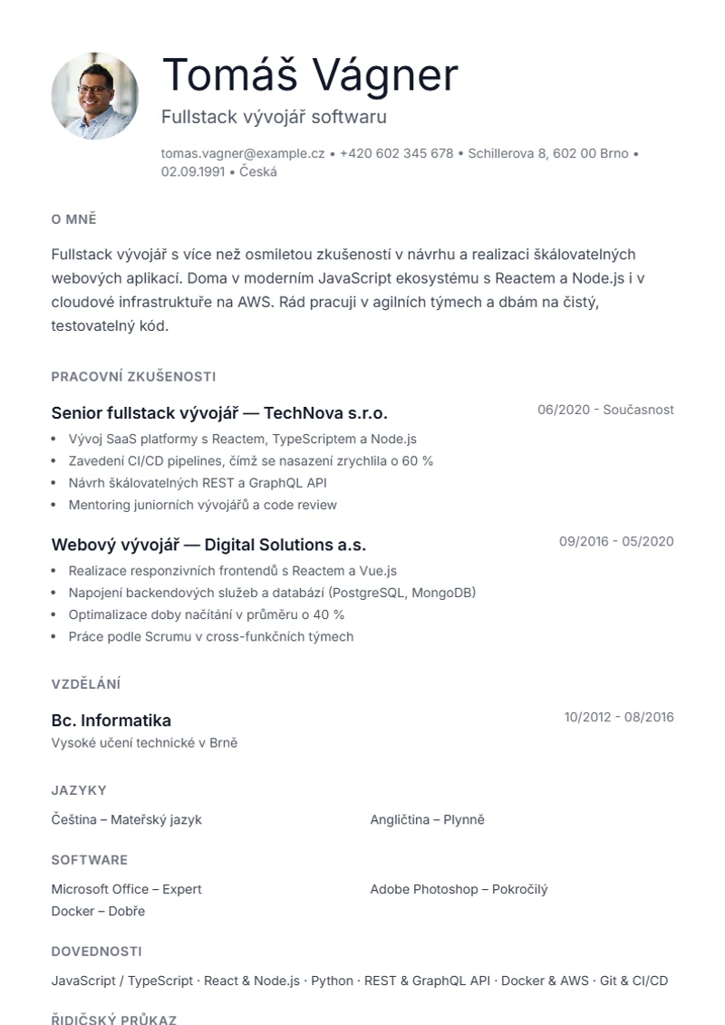 Šablona životopisu Minimal – ukázka