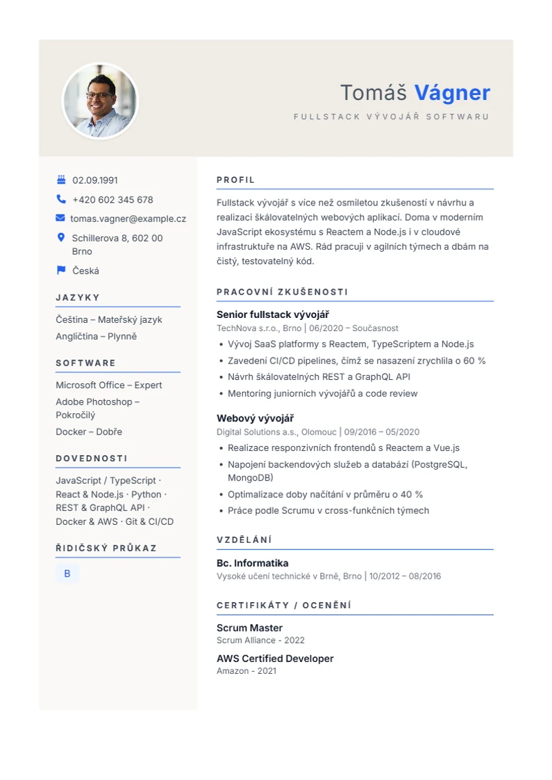 Šablona životopisu Weber – ukázka