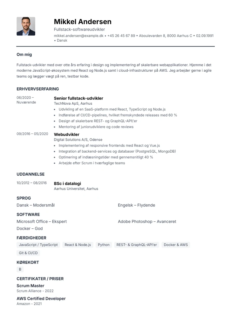 CV-skabelon Compact – eksempel efter DIN 5008
