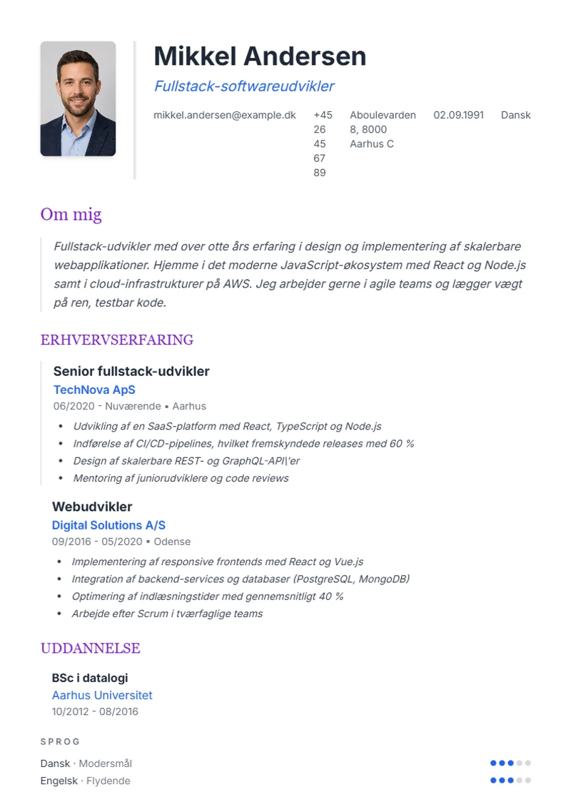 CV-skabelon Elegant – eksempel efter DIN 5008