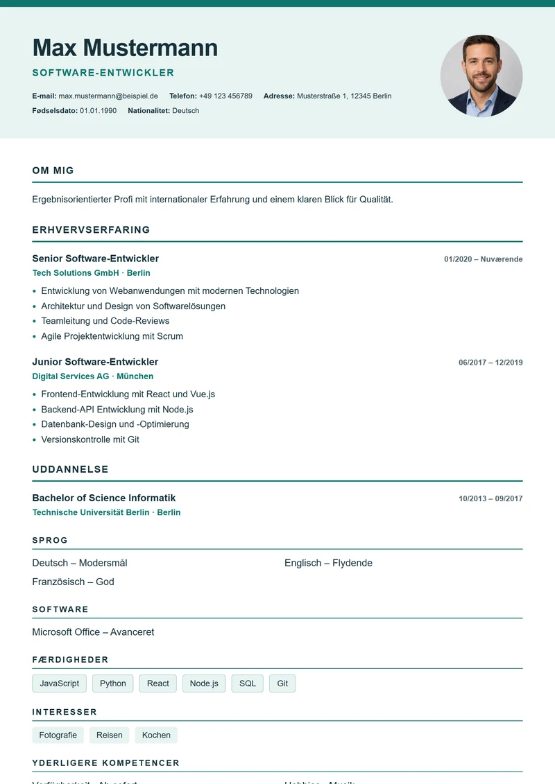 CV-skabelon Nordic Clean – eksempel efter DIN 5008