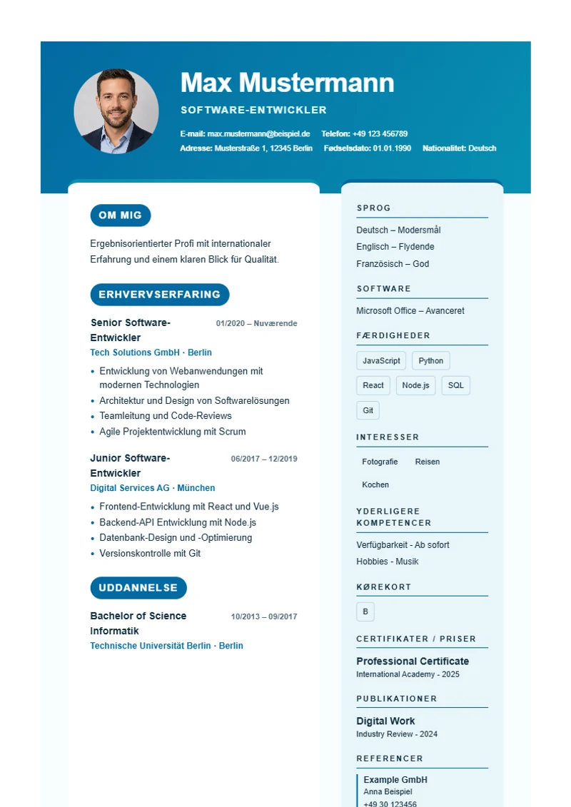 CV-skabelon Ocean Split – eksempel efter DIN 5008