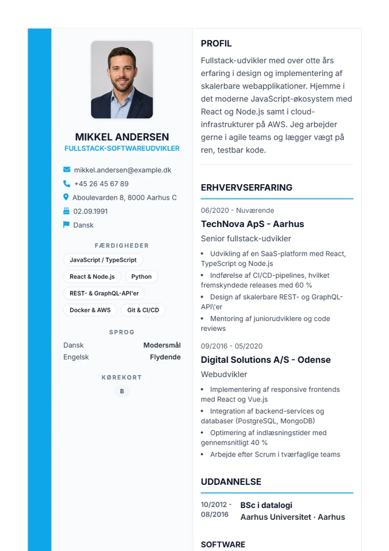 CV-skabelon Sidebar Pro – eksempel efter DIN 5008