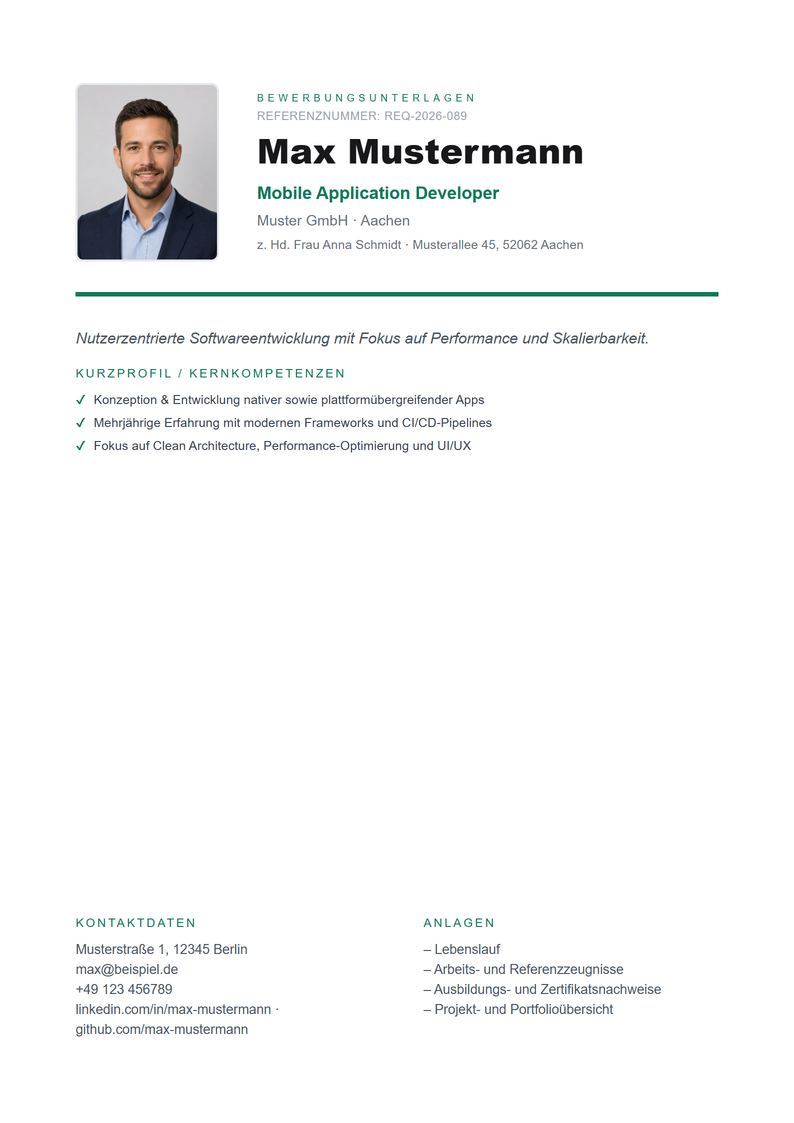 Deckblatt Vorlage Professional für Bewerbung