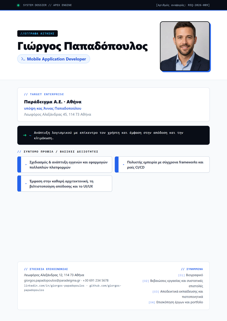 Πρότυπο εξωφύλλου Apex για αίτηση