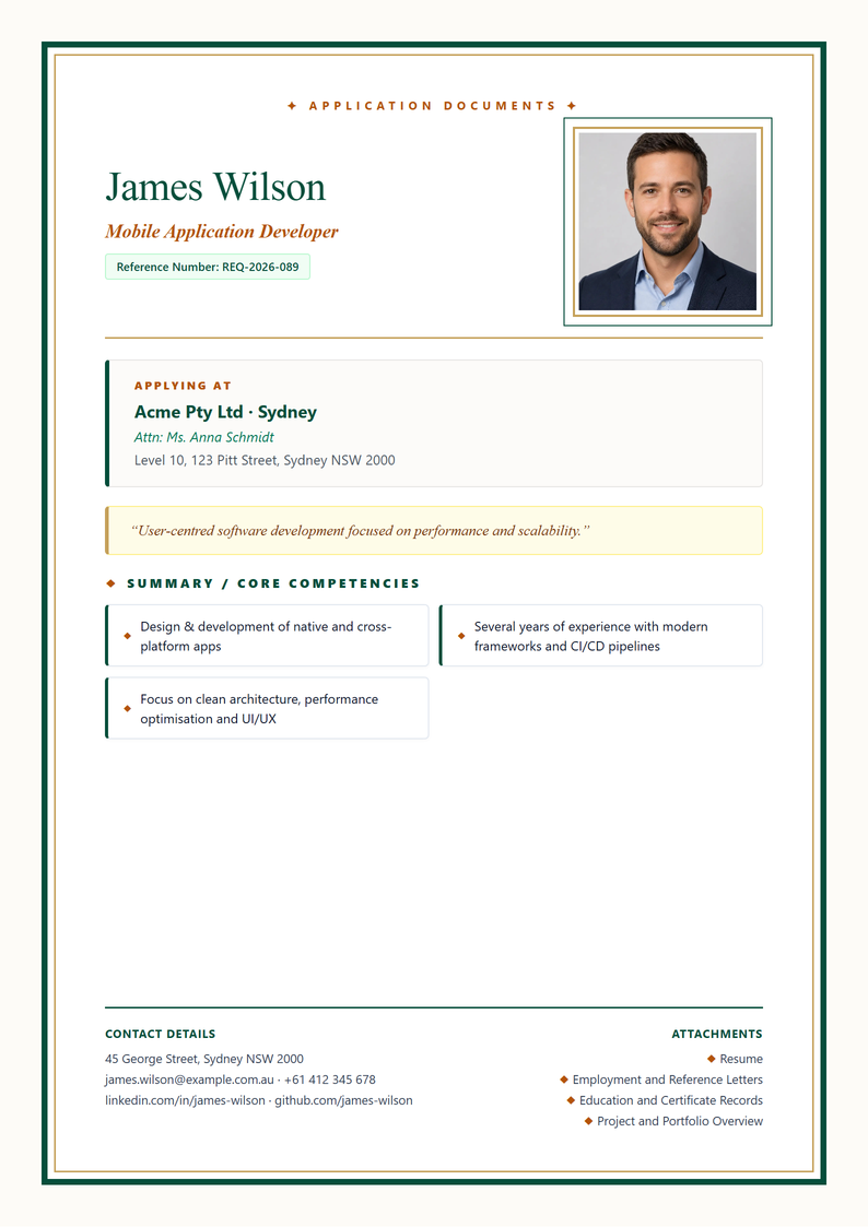 Cover page template Prestige for your Australian application
