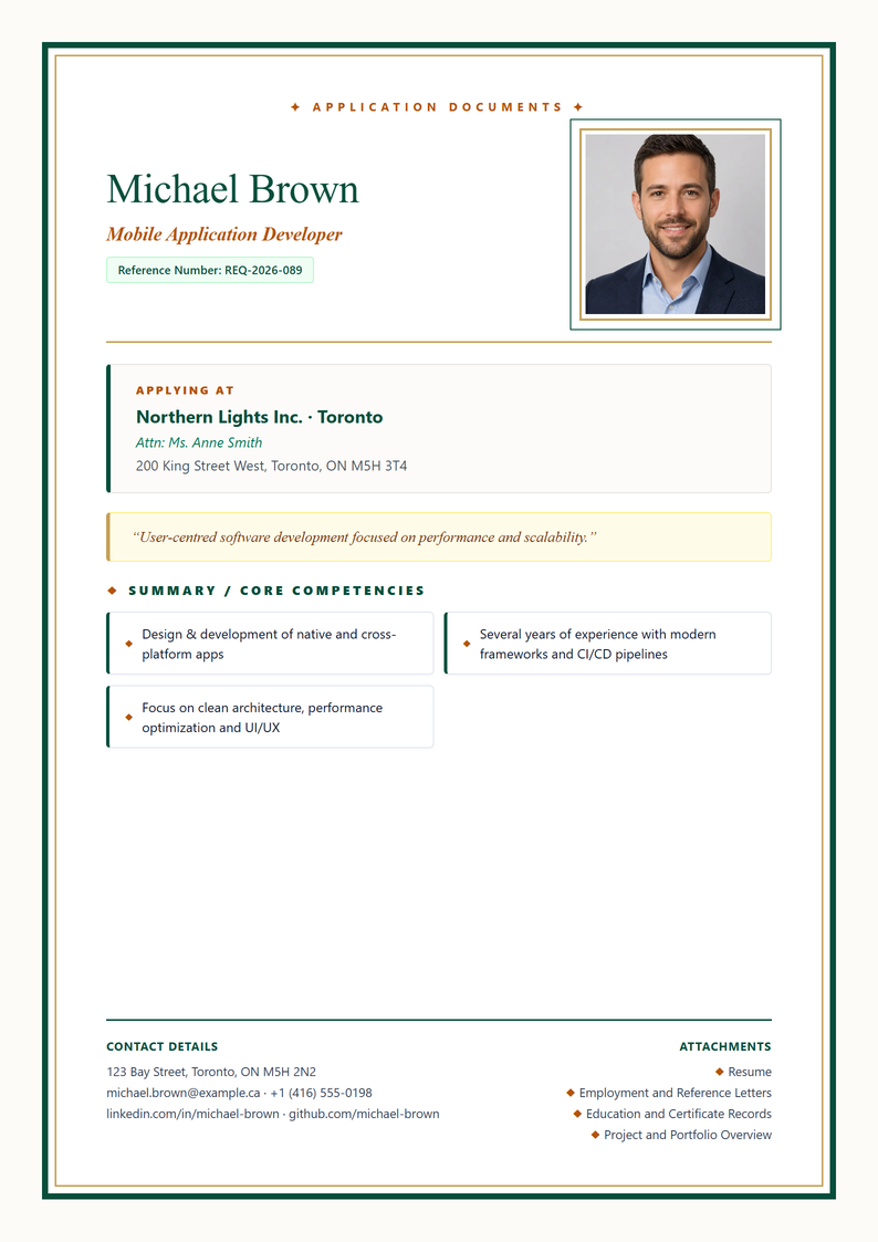 Cover page template Prestige for your Canadian application
