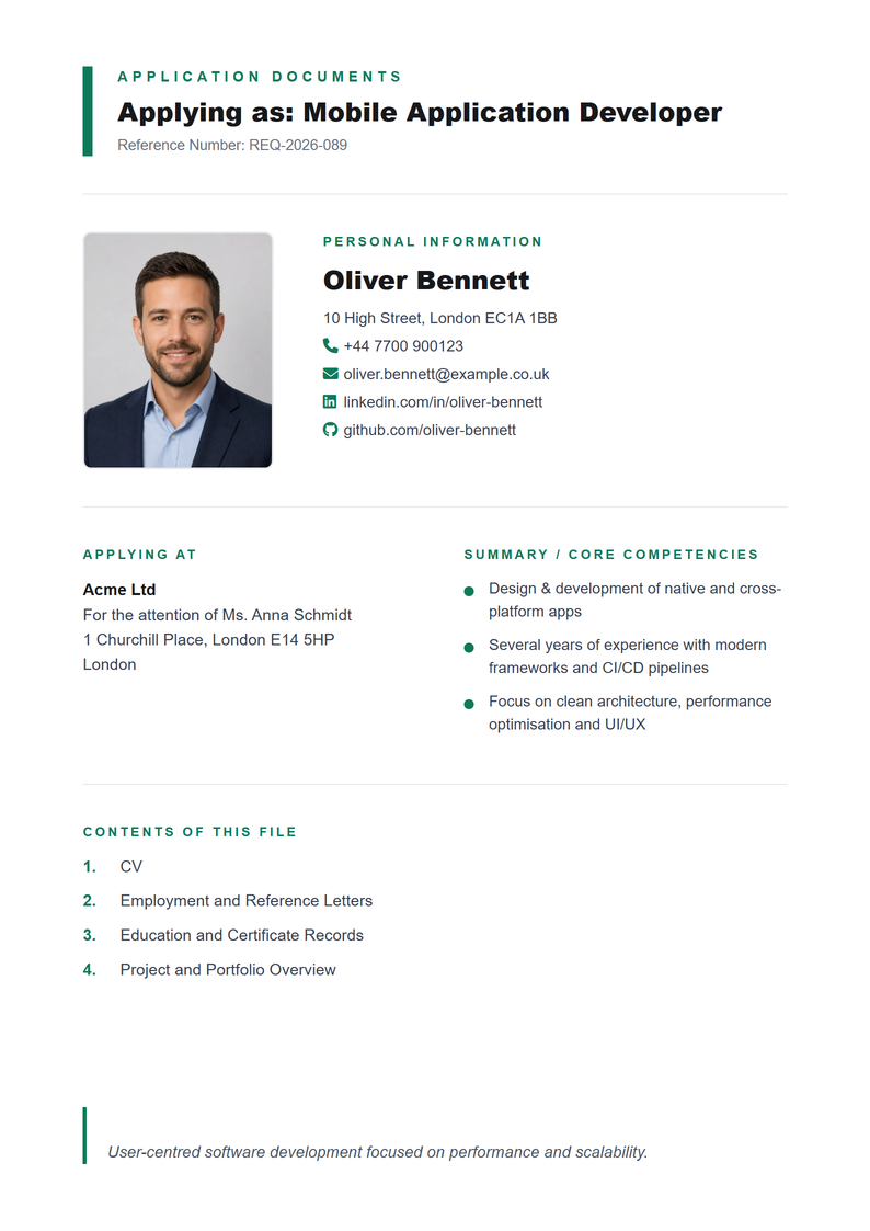 Cover page template Bewerbungsmappe for your UK application