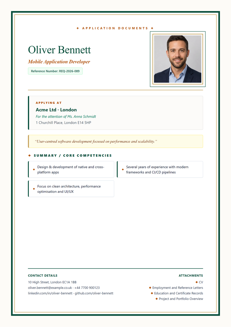 Cover page template Prestige for your UK application