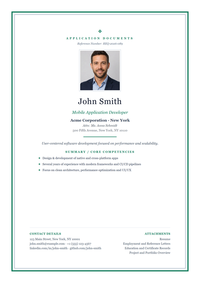 Cover page template Academic for your US application
