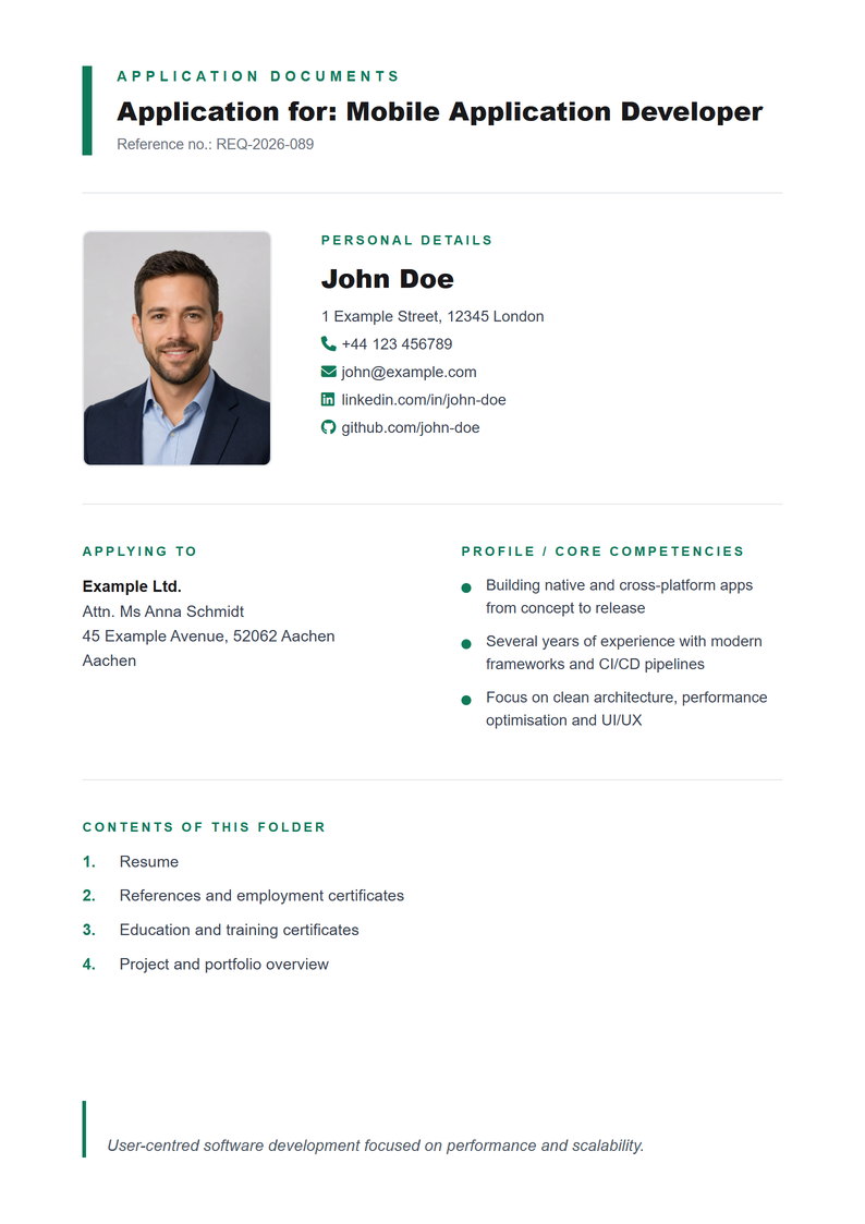 Cover page template Bewerbungsmappe for your job application
