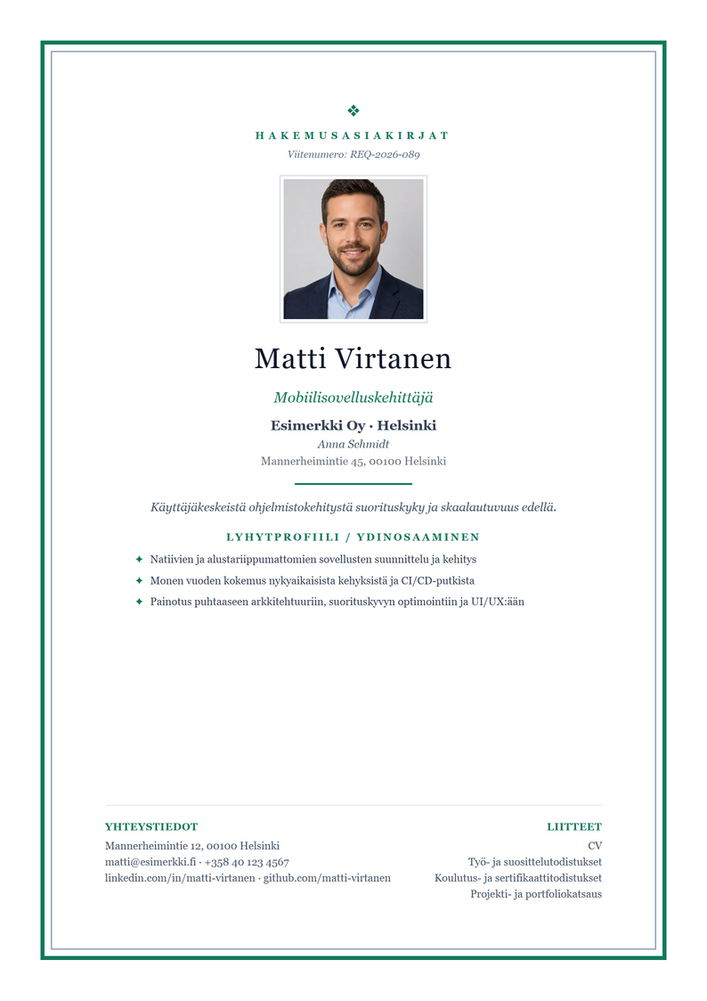 Kansilehden malli Academic työhakemukseen