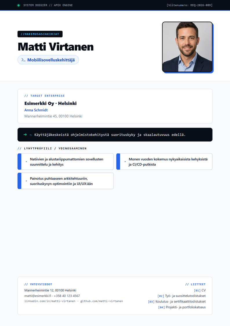 Kansilehden malli Apex työhakemukseen