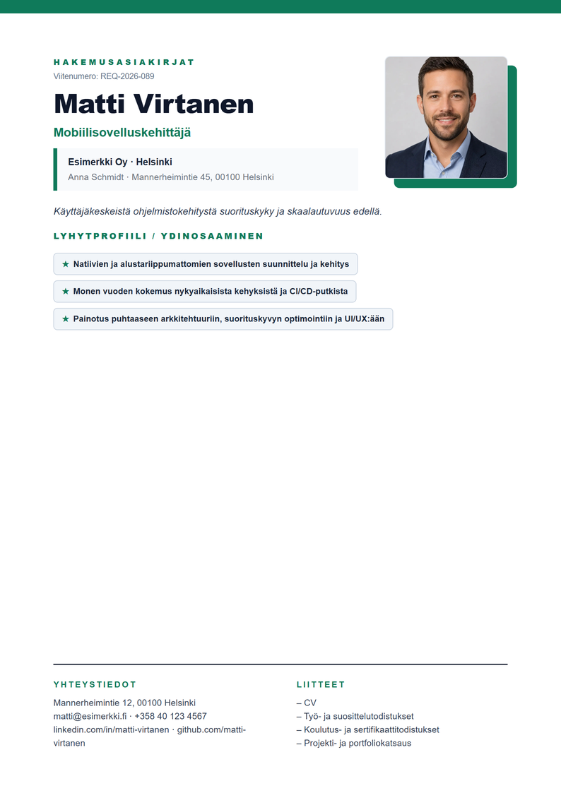 Kansilehden malli Creative työhakemukseen