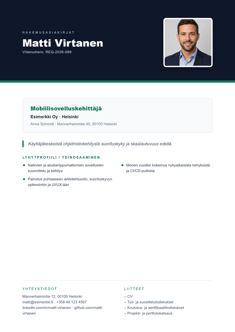 Kansilehden malli Executive työhakemukseen