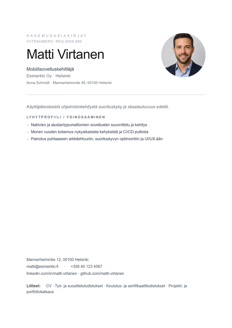 Kansilehden malli Minimal työhakemukseen