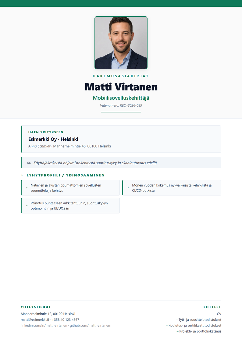 Kansilehden malli Photo Hero työhakemukseen