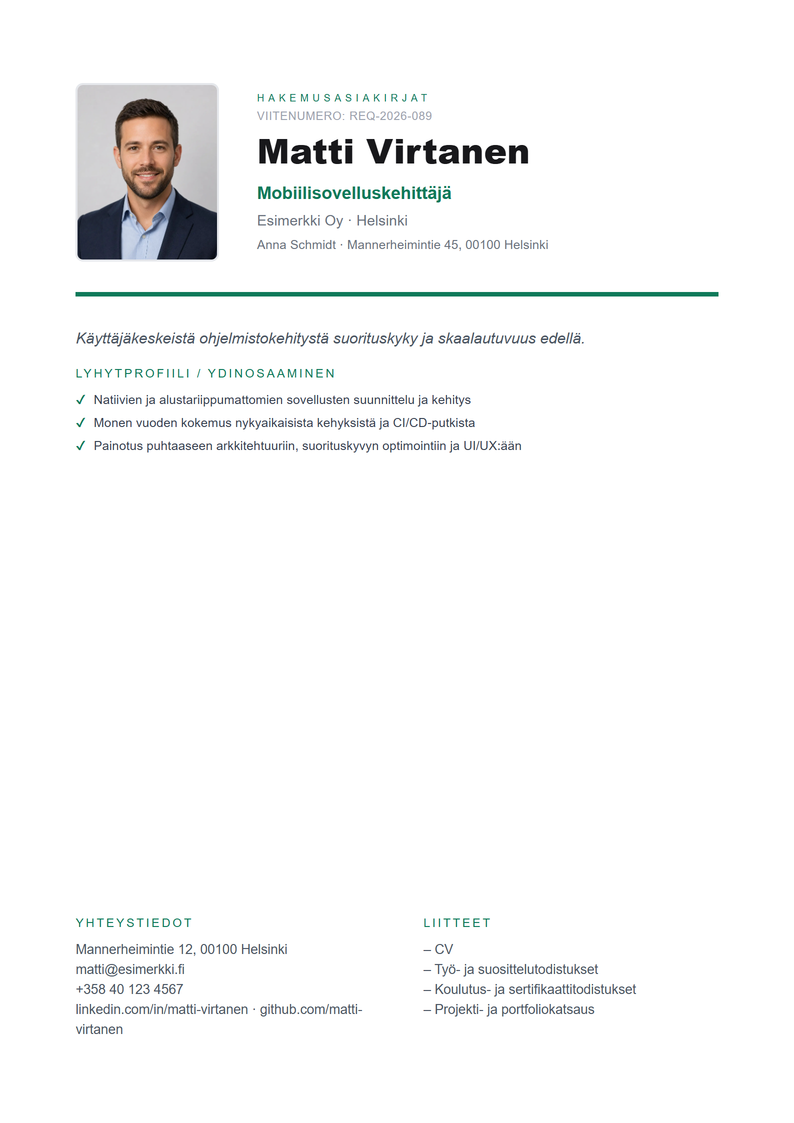 Kansilehden malli Professional työhakemukseen