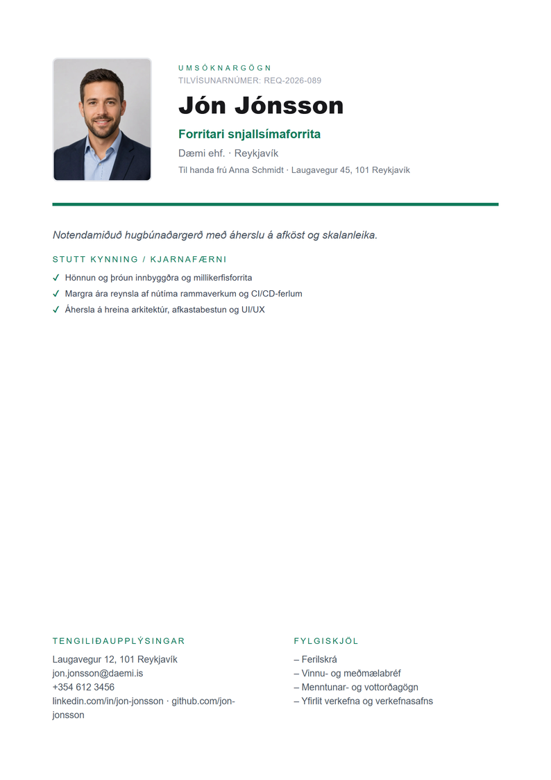 Sniðmát forsíðu Professional fyrir umsókn
