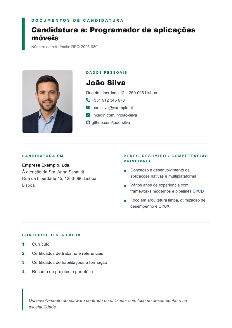 Modelo de capa Bewerbungsmappe para candidatura