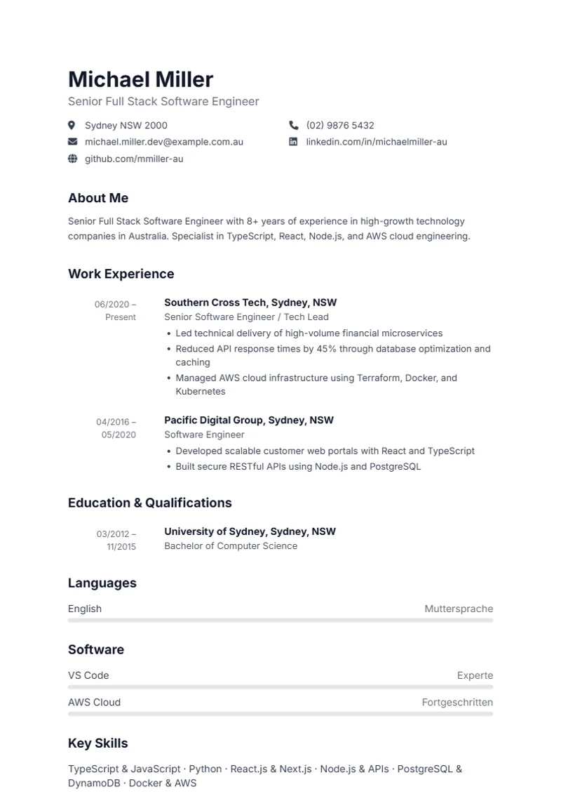 CV template Aqua – sample compliant with DIN 5008