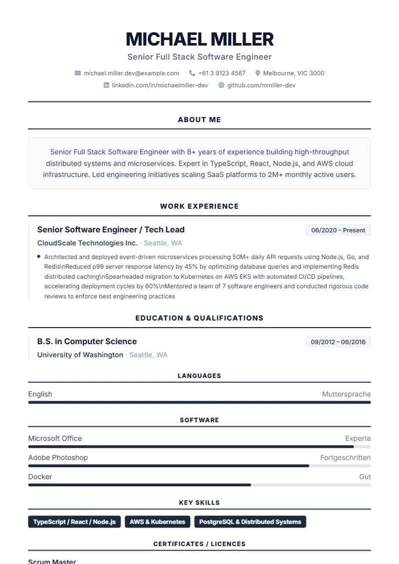 CV template Classic – sample compliant with DIN 5008