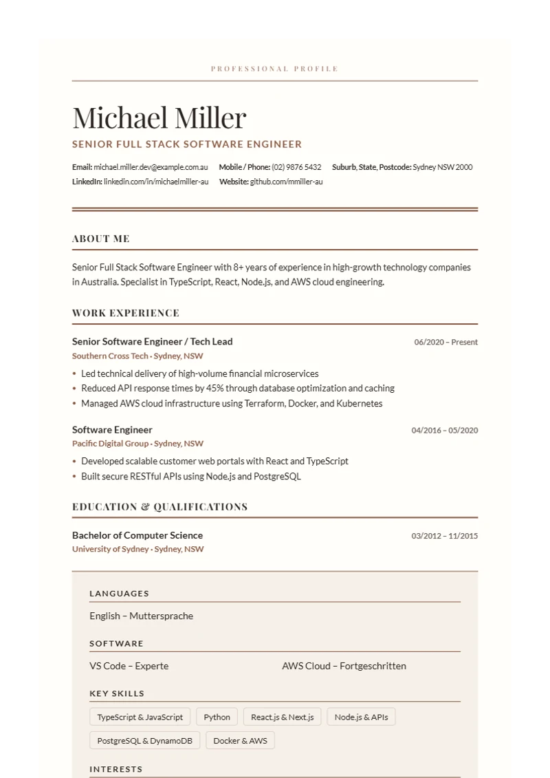 CV template Editorial Serif – sample compliant with DIN 5008