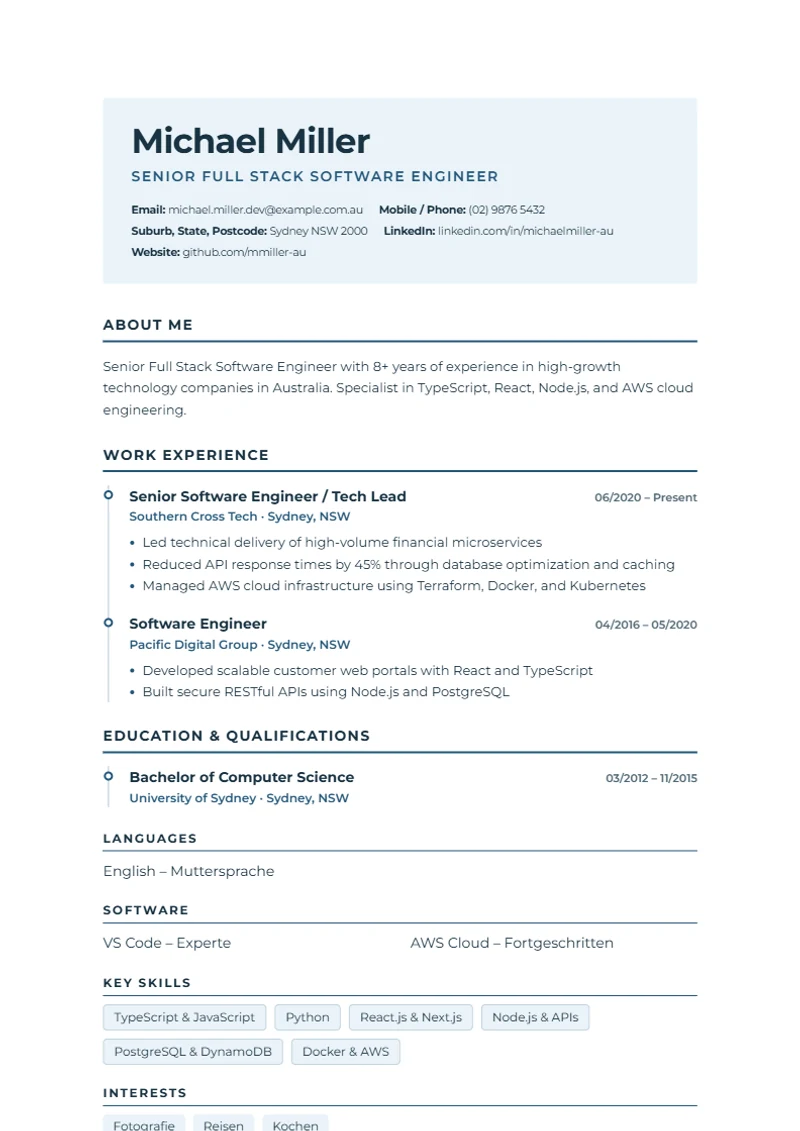 CV template European Timeline – sample compliant with DIN 5008