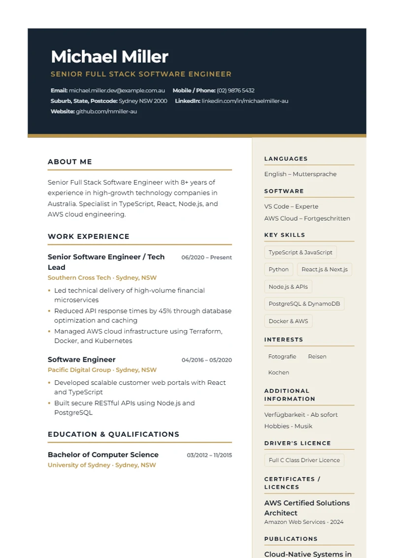 CV template Executive Dark – sample compliant with DIN 5008
