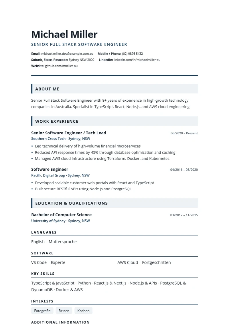 CV template London Professional – sample compliant with DIN 5008