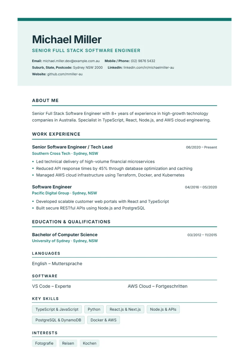 CV template Nordic Clean – sample compliant with DIN 5008