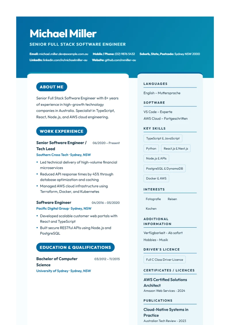 CV template Ocean Split – sample compliant with DIN 5008