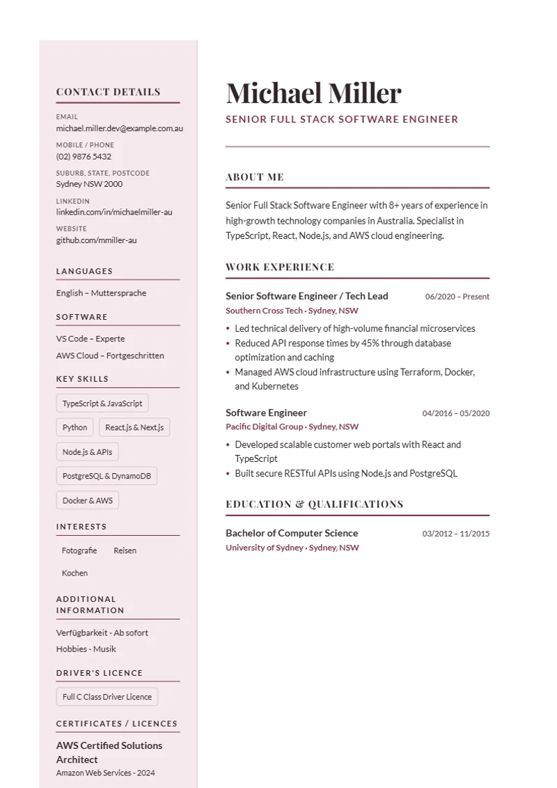 CV template Paris Elegant – sample compliant with DIN 5008