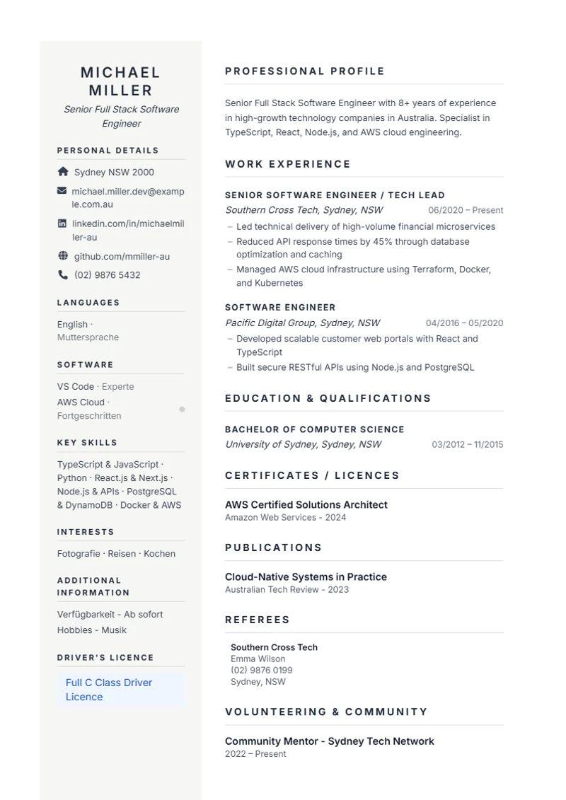 CV template Prestige – sample compliant with DIN 5008