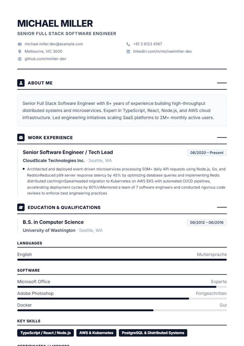 CV template Professional – sample compliant with DIN 5008
