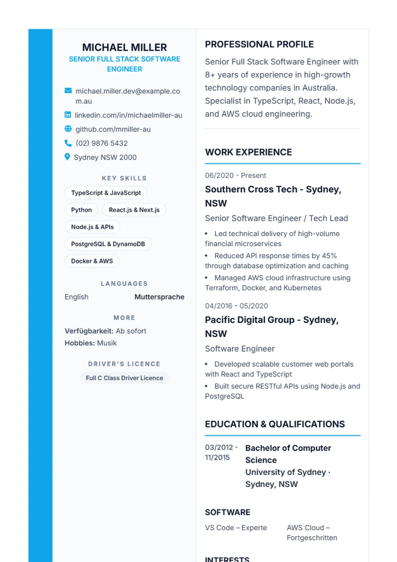 CV template Sidebar Pro – sample compliant with DIN 5008