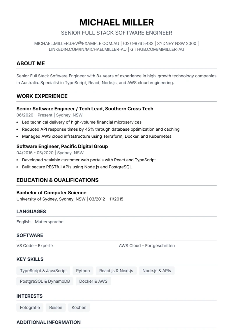 CV template Simple – sample compliant with DIN 5008
