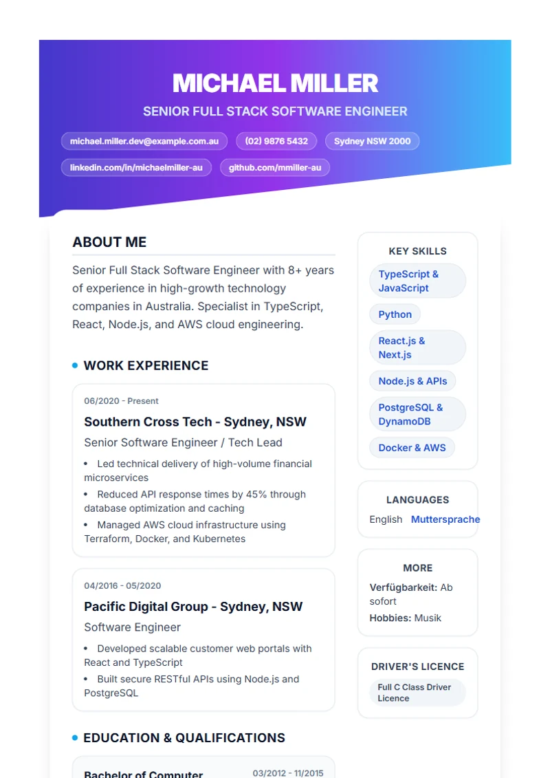 CV template Slanted – sample compliant with DIN 5008