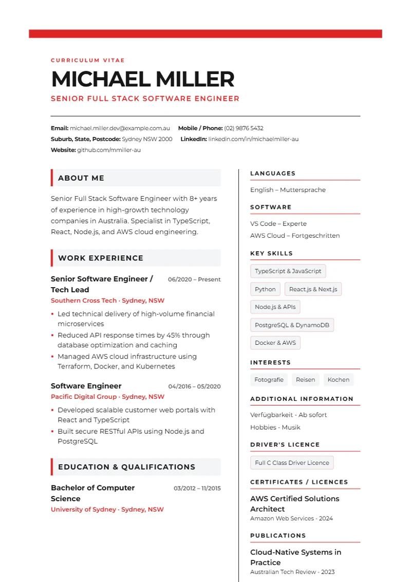 CV template Swiss Grid – sample compliant with DIN 5008