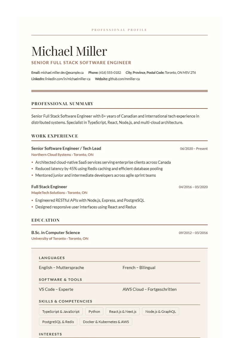 Resume template Editorial Serif – sample compliant with DIN 5008