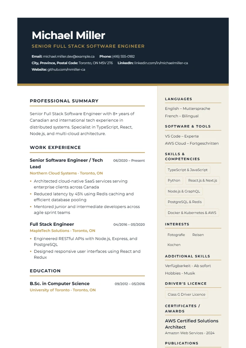 Resume template Executive Dark – sample compliant with DIN 5008
