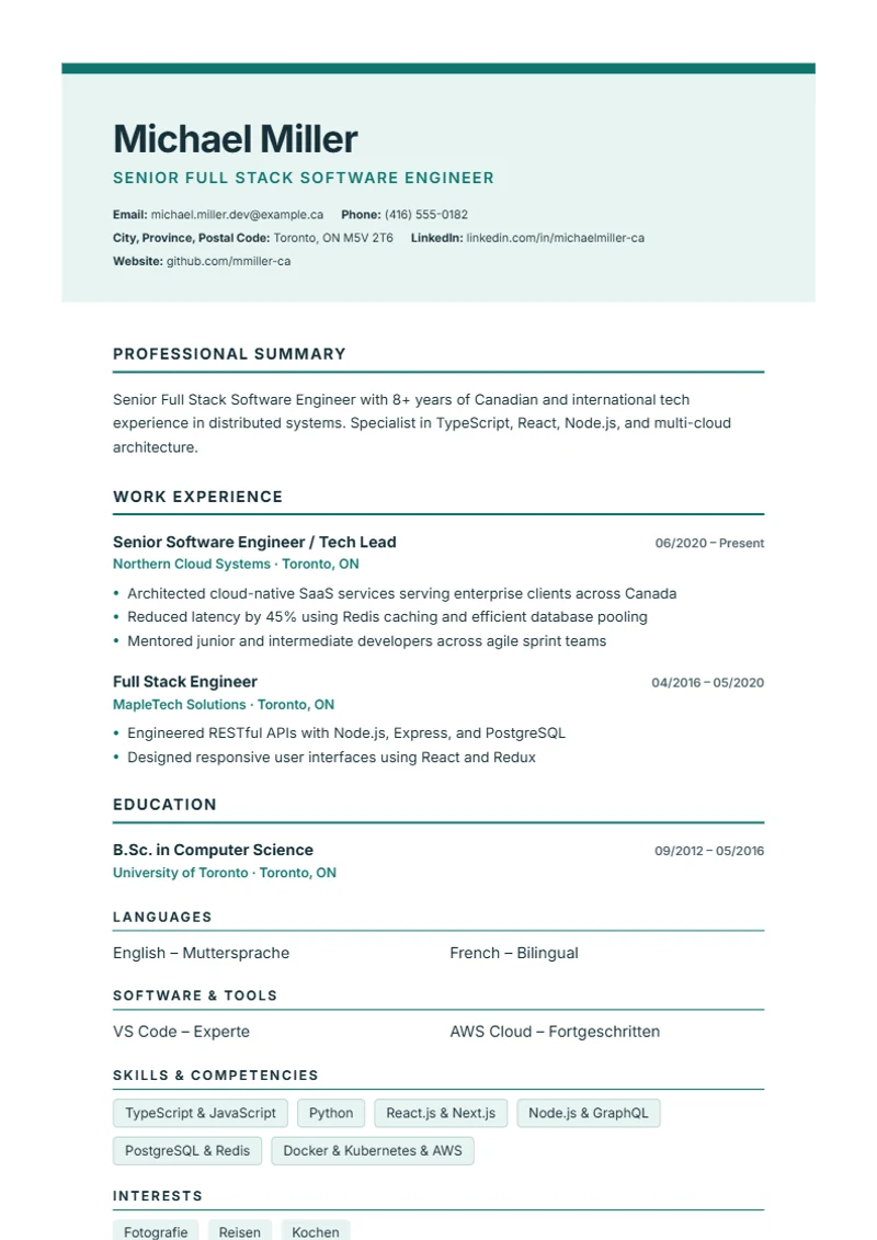 Resume template Nordic Clean – sample compliant with DIN 5008