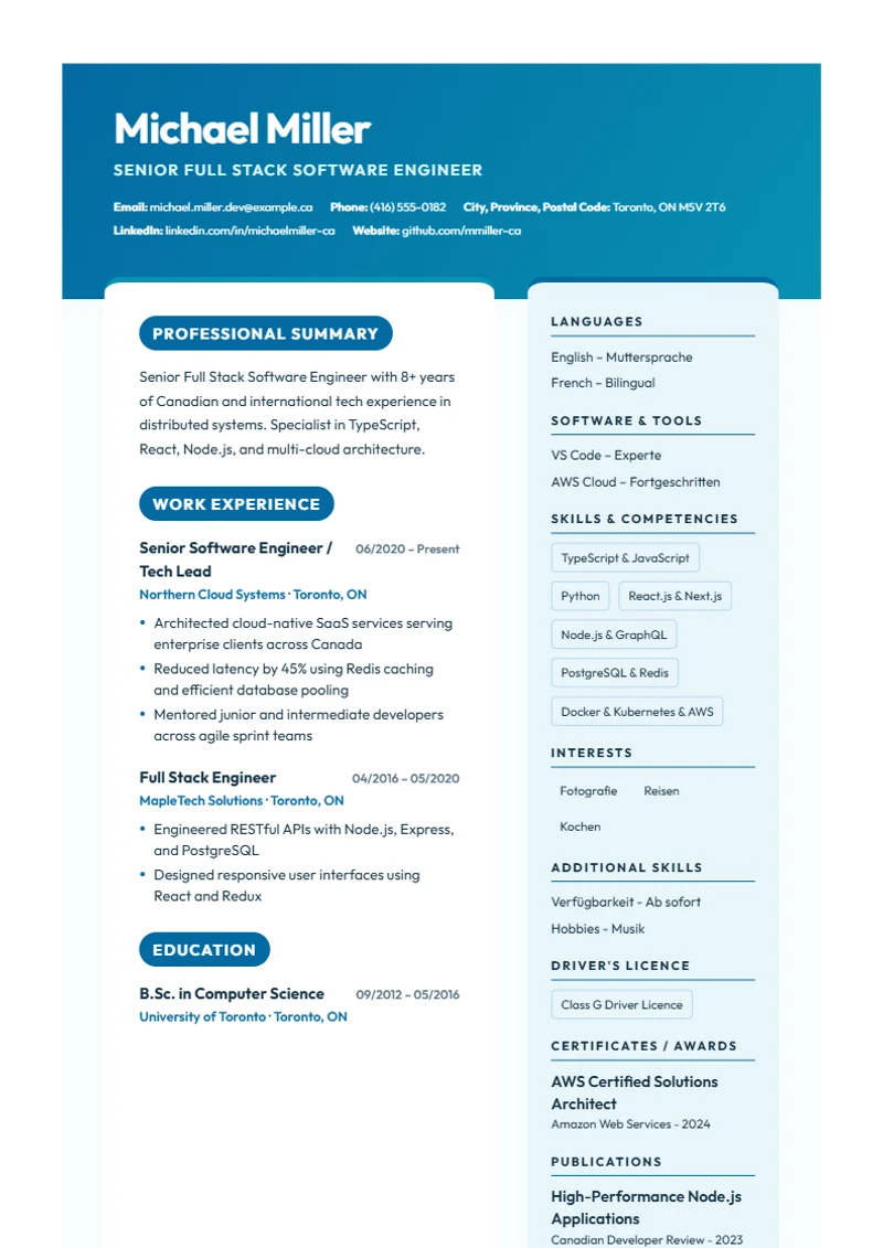 Resume template Ocean Split – sample compliant with DIN 5008