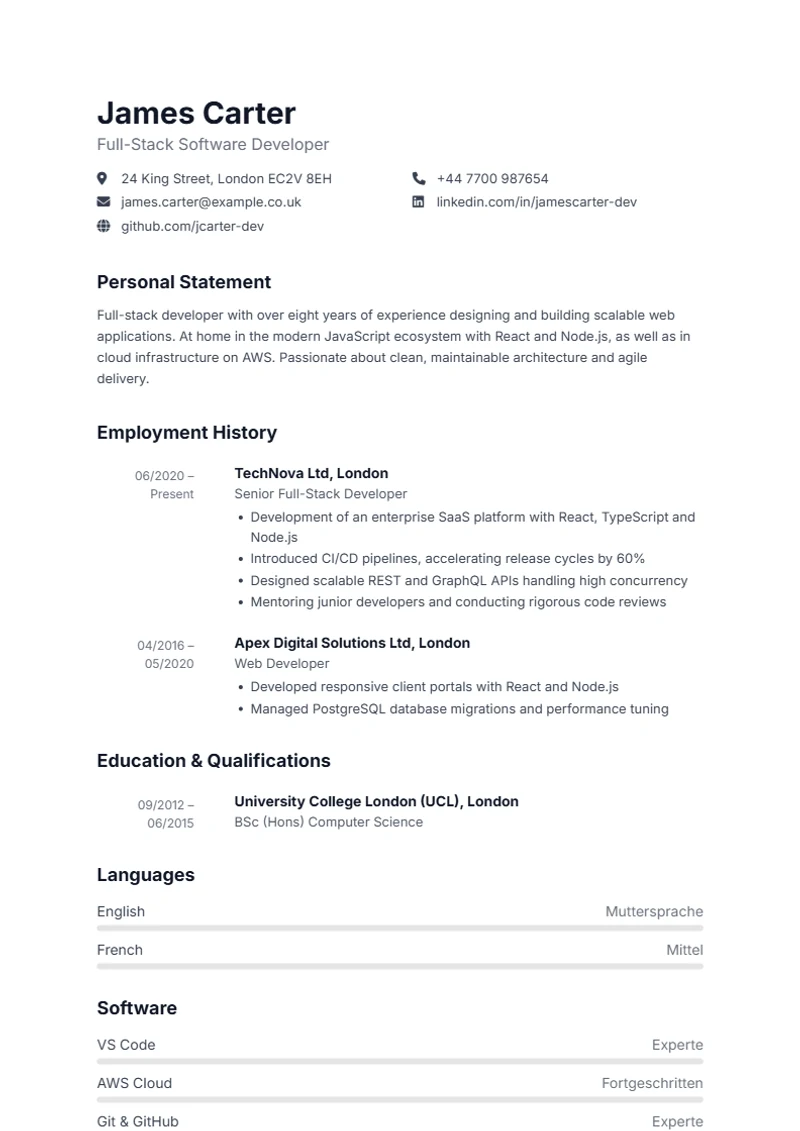 CV template Aqua – sample compliant with DIN 5008