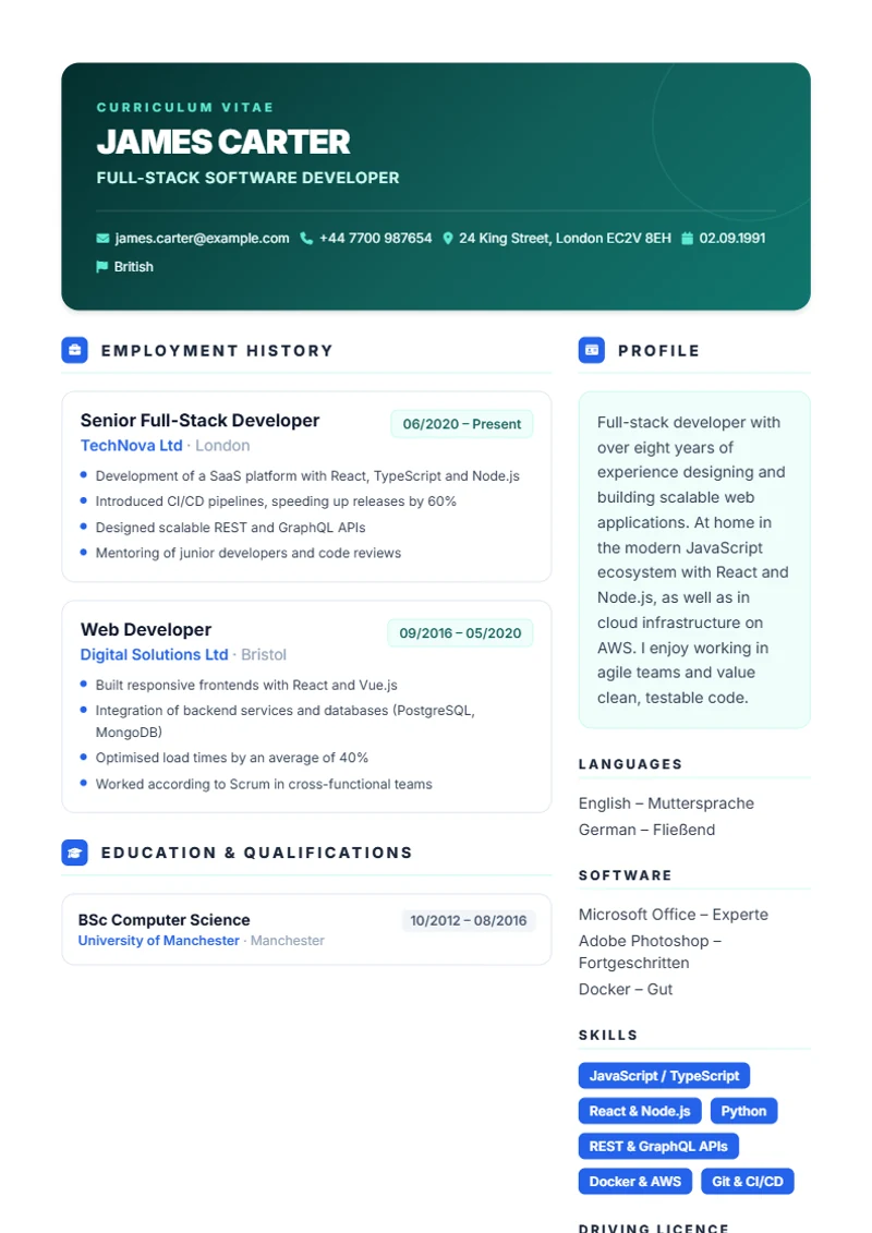 CV template Artistic – sample compliant with DIN 5008