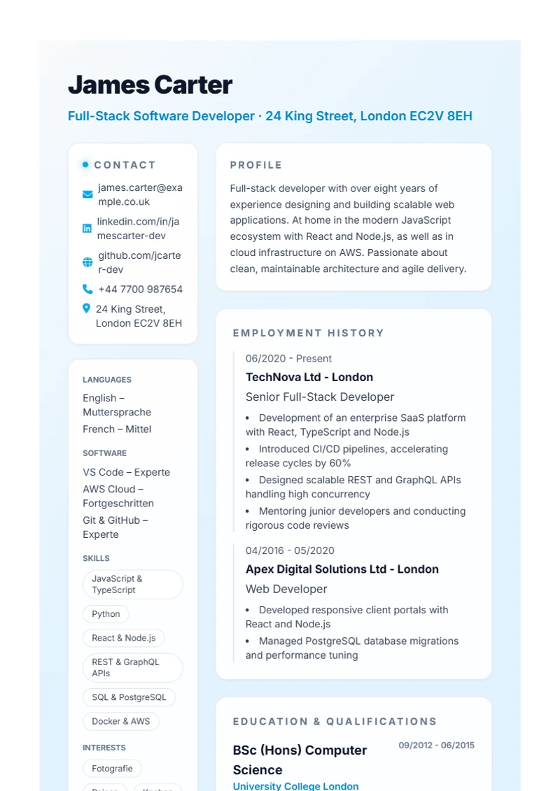 CV template Burya – sample compliant with DIN 5008